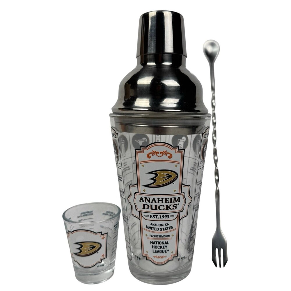 Anaheim Ducks Bartender Set Shot Mixing Glass Lid Jigger Bar Spoon NHL New